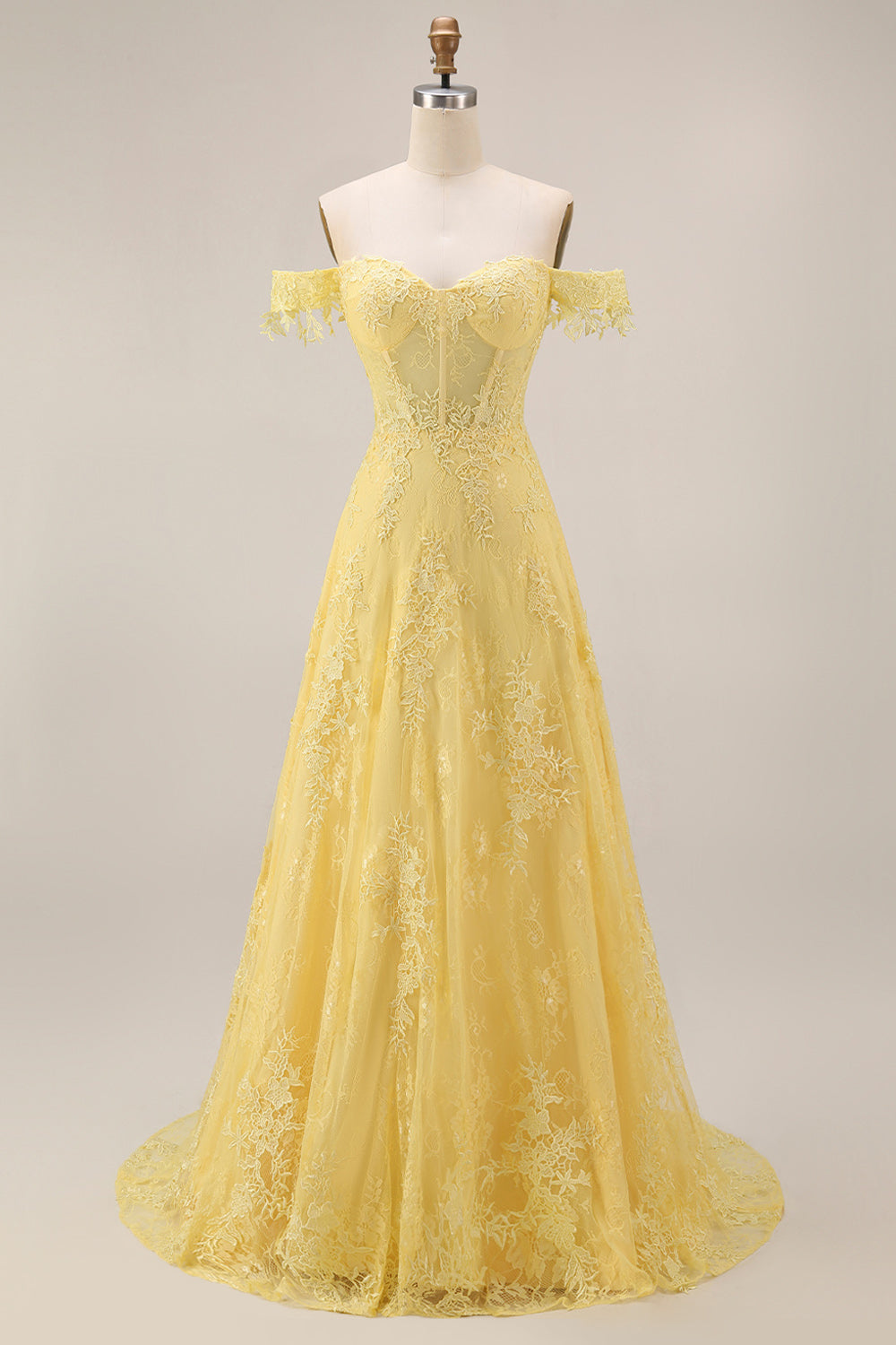 Off the Shoulder Butter Yellow Floral Lace Long A Line Corset Prom Dress