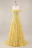 Off the Shoulder Butter Yellow Floral Lace Long A Line Corset Prom Dress