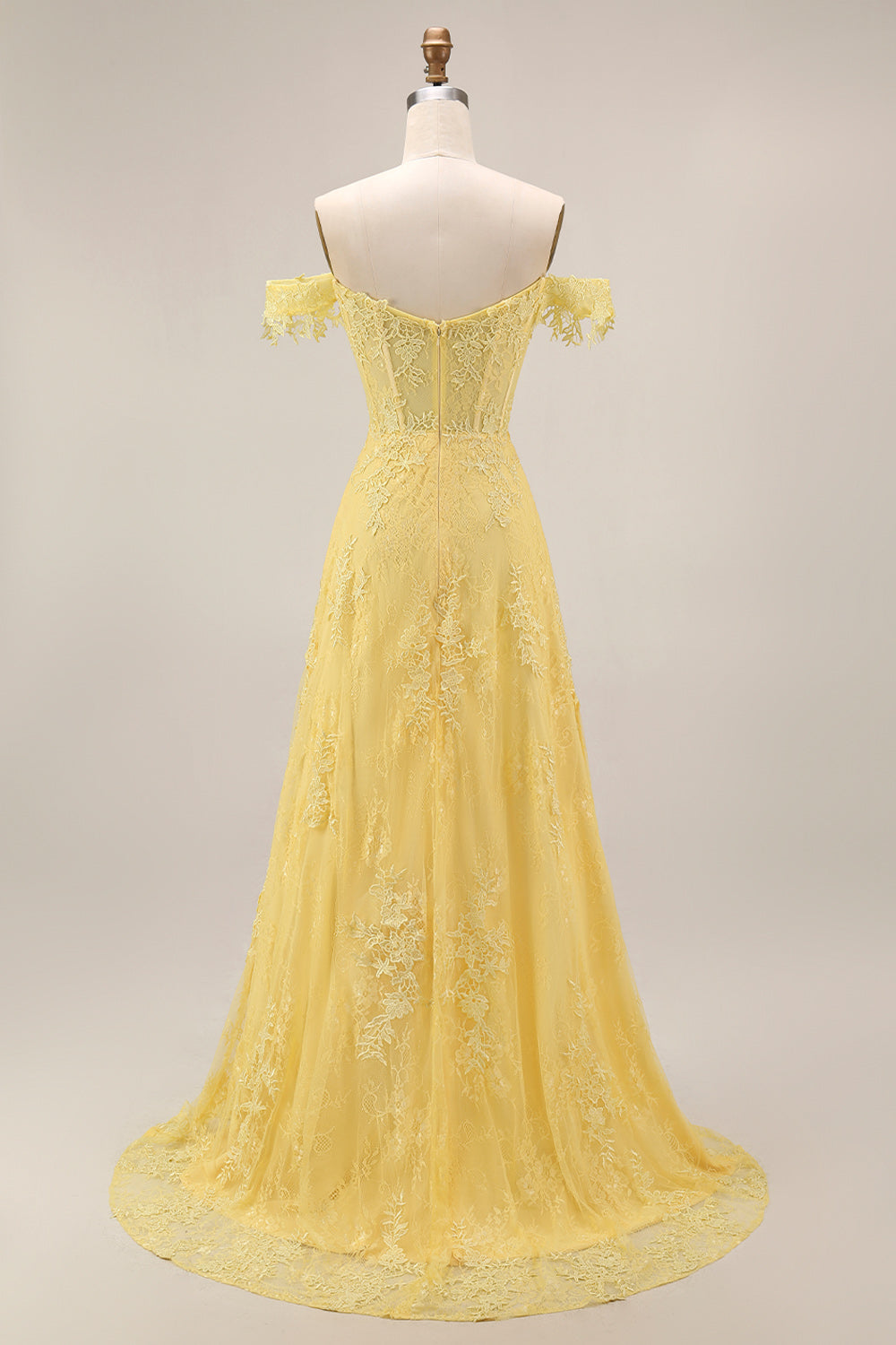 Off the Shoulder Butter Yellow Floral Lace Long A Line Corset Prom Dress