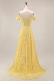 Off the Shoulder Butter Yellow Floral Lace Long A Line Corset Prom Dress