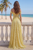 Off the Shoulder Butter Yellow Floral Lace Long A Line Corset Prom Dress