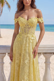 Off the Shoulder Butter Yellow Floral Lace Long A Line Corset Prom Dress