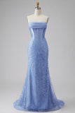 Mermaid Blue Corset Basque Waist Strapless Long Prom Dress with Pearls
