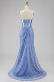 Mermaid Blue Corset Basque Waist Strapless Long Prom Dress with Pearls