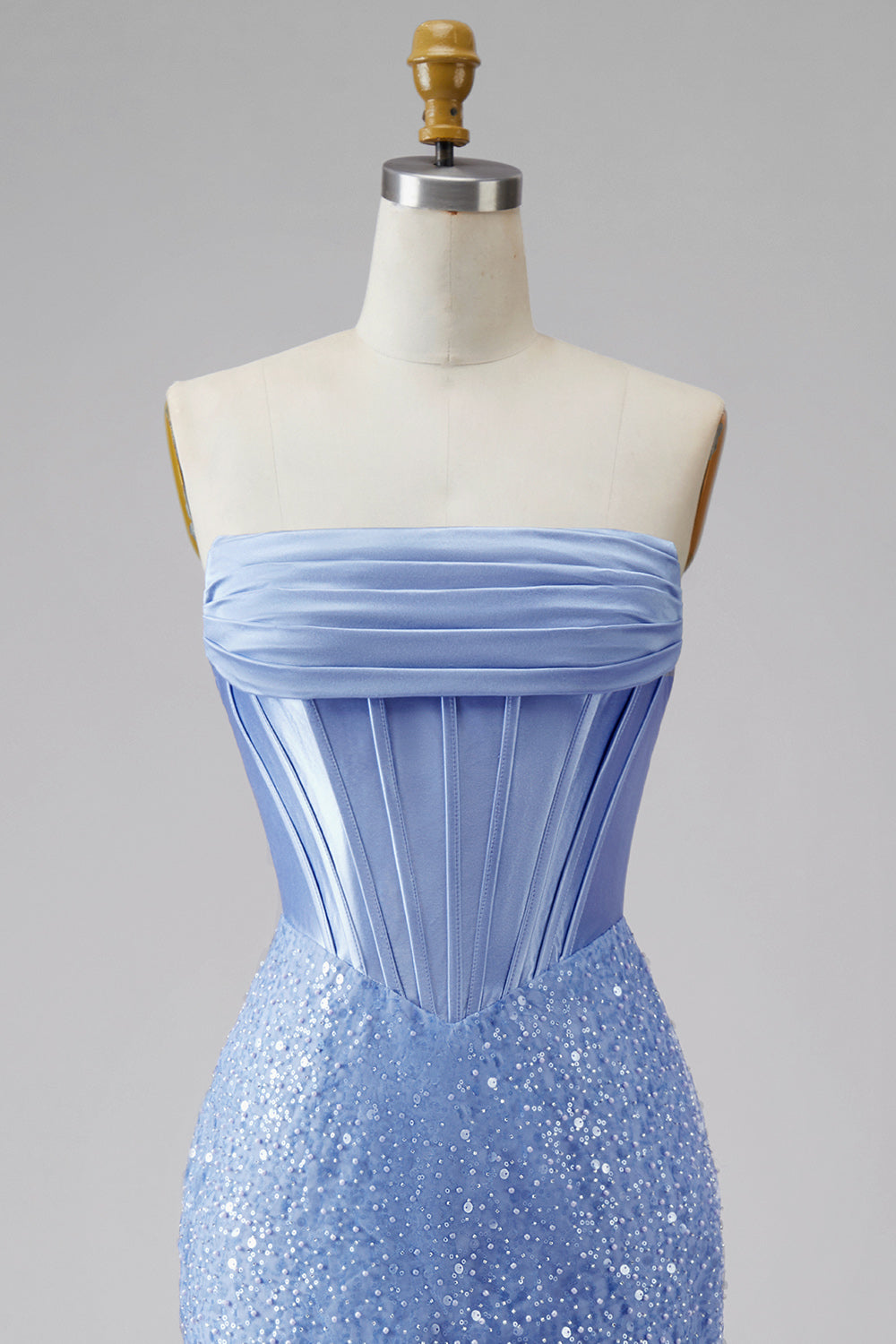 Mermaid Blue Corset Basque Waist Strapless Long Prom Dress with Pearls