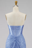 Mermaid Blue Corset Basque Waist Strapless Long Prom Dress with Pearls
