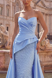 Ruched Mermaid Pearls Blue Strapless Long Prom Dress with Cape