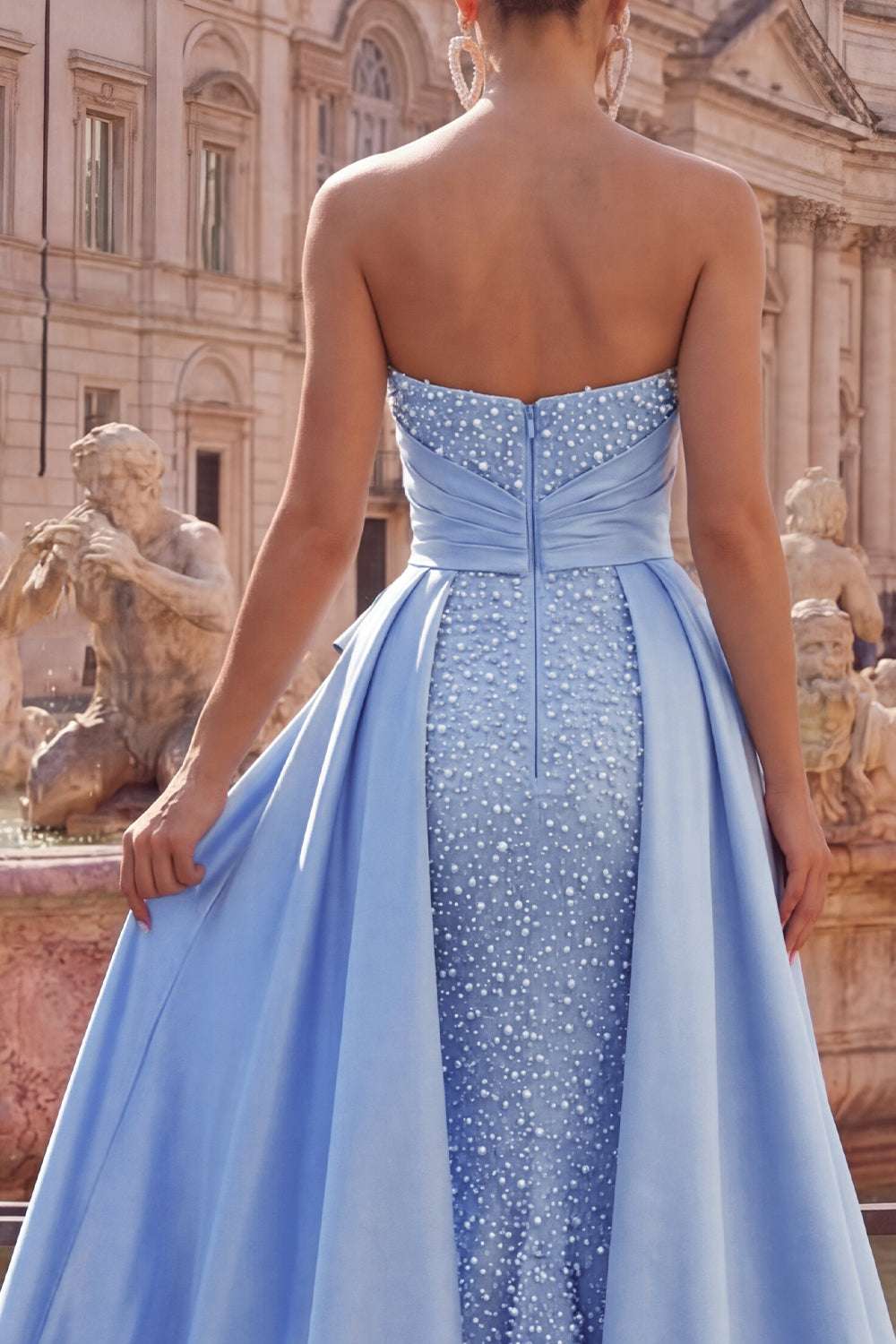 Ruched Mermaid Pearls Blue Strapless Long Prom Dress with Cape