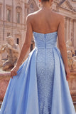Ruched Mermaid Pearls Blue Strapless Long Prom Dress with Cape