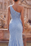One Shoulder Mermaid Blue Long Prom Dress with Pearls