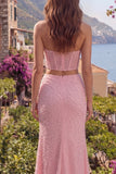 Corset Strapless 2 Piece Sparkly Pink Beaded Long Prom Dress with Pearls