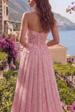 Sparkly Pink A Line Beaded Floral Corset Strapless Long Prom Dress