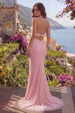 Halter Backless Mermaid Sparkly Pink Long Beaded Prom Dress with Slit