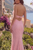 Halter Backless Mermaid Sparkly Pink Long Beaded Prom Dress with Slit