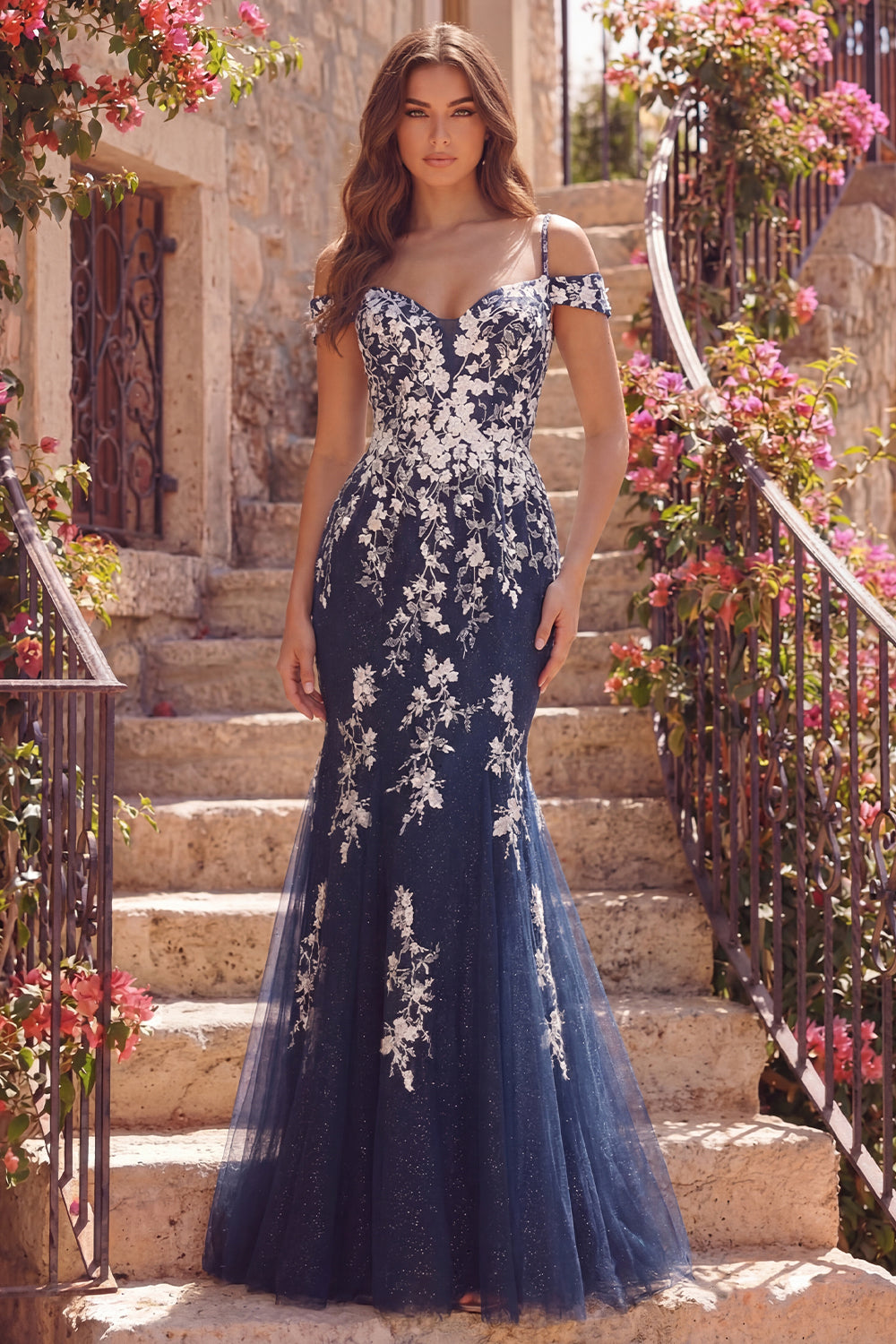 Floral Cold Shoulder Mermaid Navy Glitter Long Prom Dress