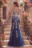 Floral Cold Shoulder Mermaid Navy Glitter Long Prom Dress