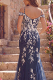 Floral Cold Shoulder Mermaid Navy Glitter Long Prom Dress