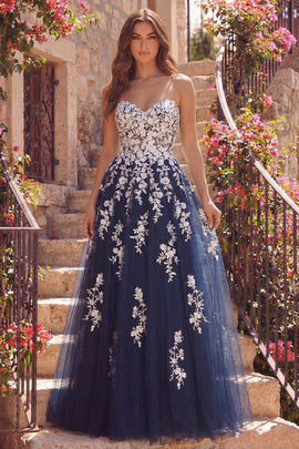 A Line Strapless Floral Sparkly Navy Long Prom Dress