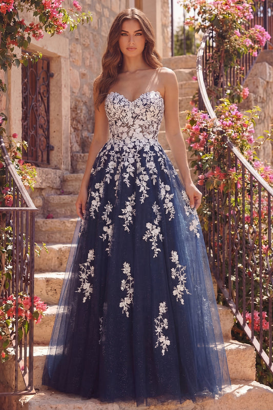 A Line Strapless Floral Sparkly Navy Long Prom Dress