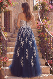 A Line Strapless Floral Sparkly Navy Long Prom Dress