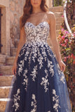 A Line Strapless Floral Sparkly Navy Long Prom Dress