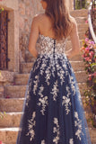 A Line Strapless Floral Sparkly Navy Long Prom Dress