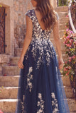 V-Neck Glitter A Line Floral Navy Long Prom Dress with Slit