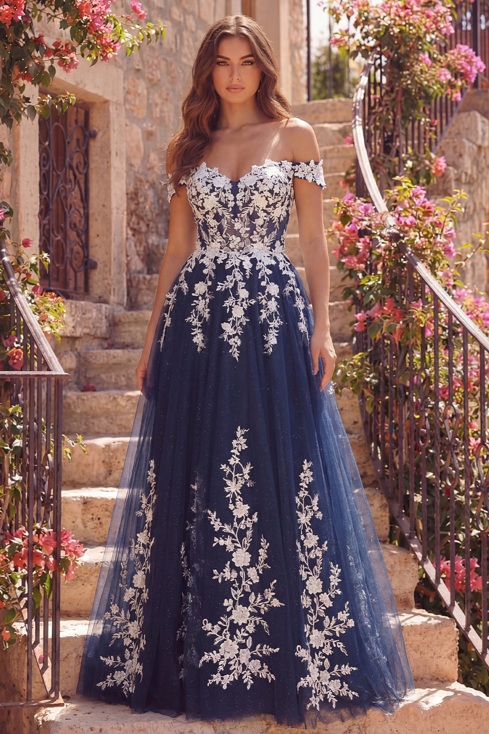 Off the Shoulder A Line Floral Sparkly Navy Long Prom Dress