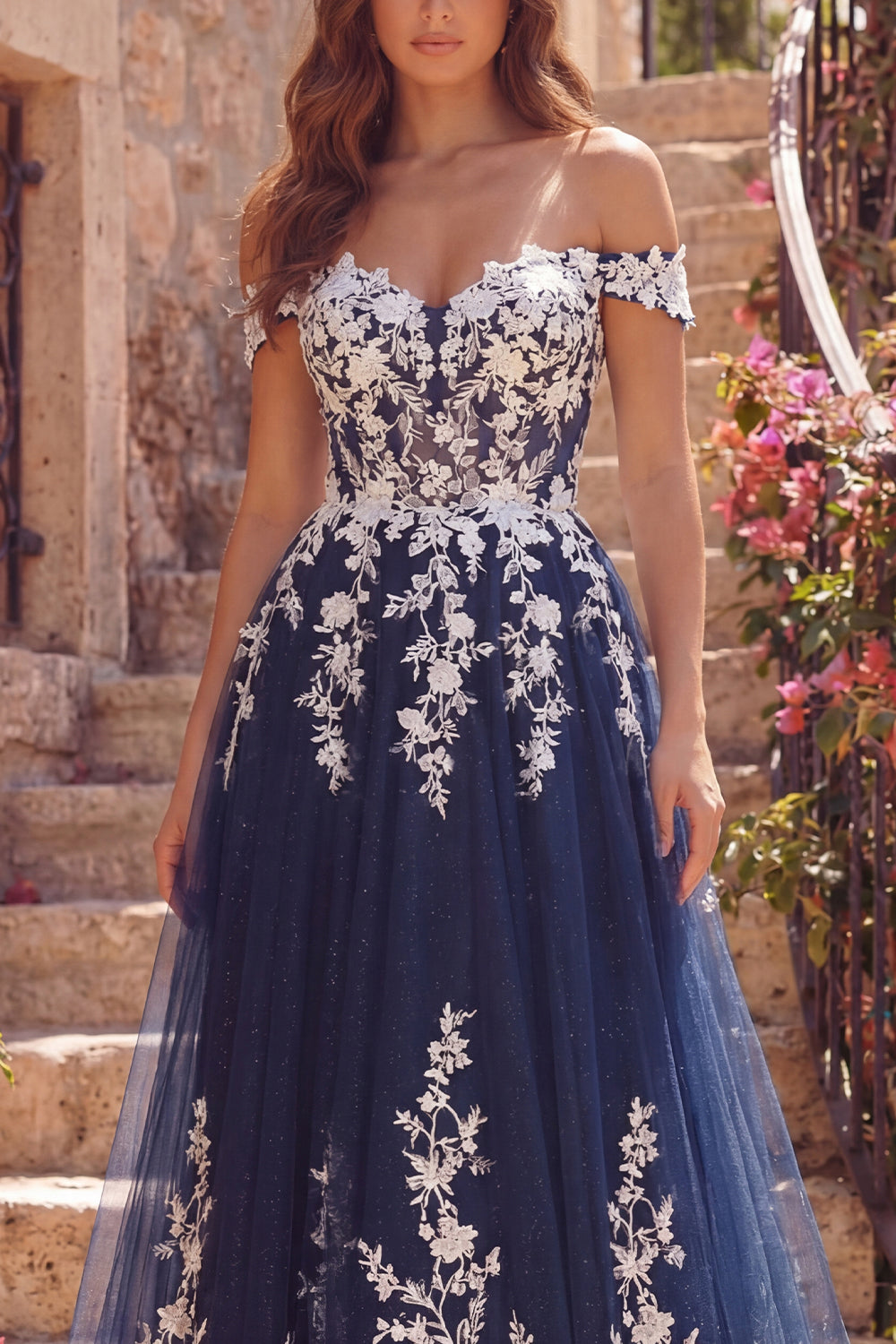 Off the Shoulder A Line Floral Sparkly Navy Long Prom Dress