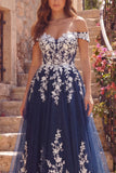 Off the Shoulder A Line Floral Sparkly Navy Long Prom Dress