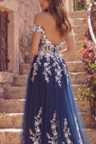 Off the Shoulder A Line Floral Sparkly Navy Long Prom Dress