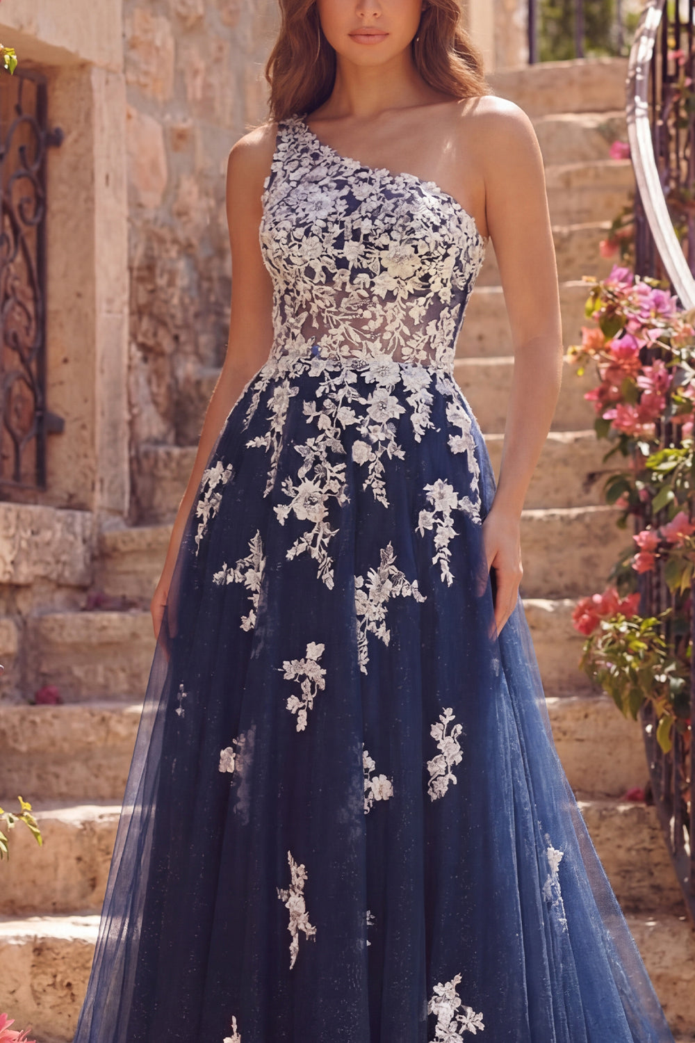 A Line Floral Navy Glitter One Shoulder Long Prom Dress
