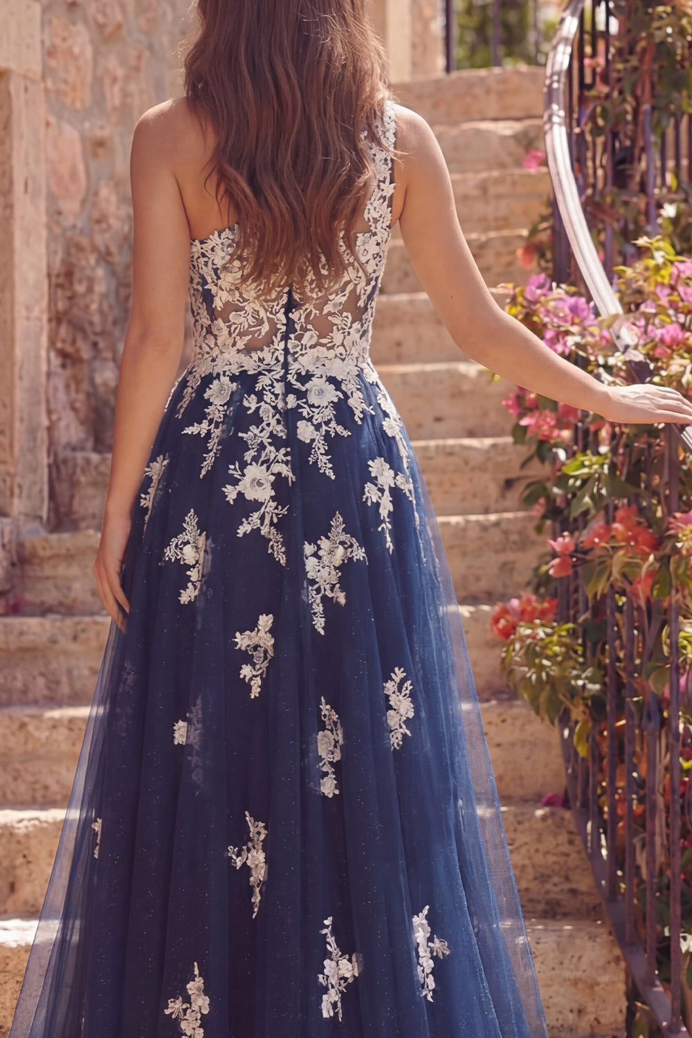A Line Floral Navy Glitter One Shoulder Long Prom Dress