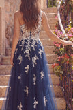 A Line Floral Navy Glitter One Shoulder Long Prom Dress