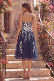 Spaghetti Straps A Line Floral Sparkly Navy Short Prom Dress with Slit