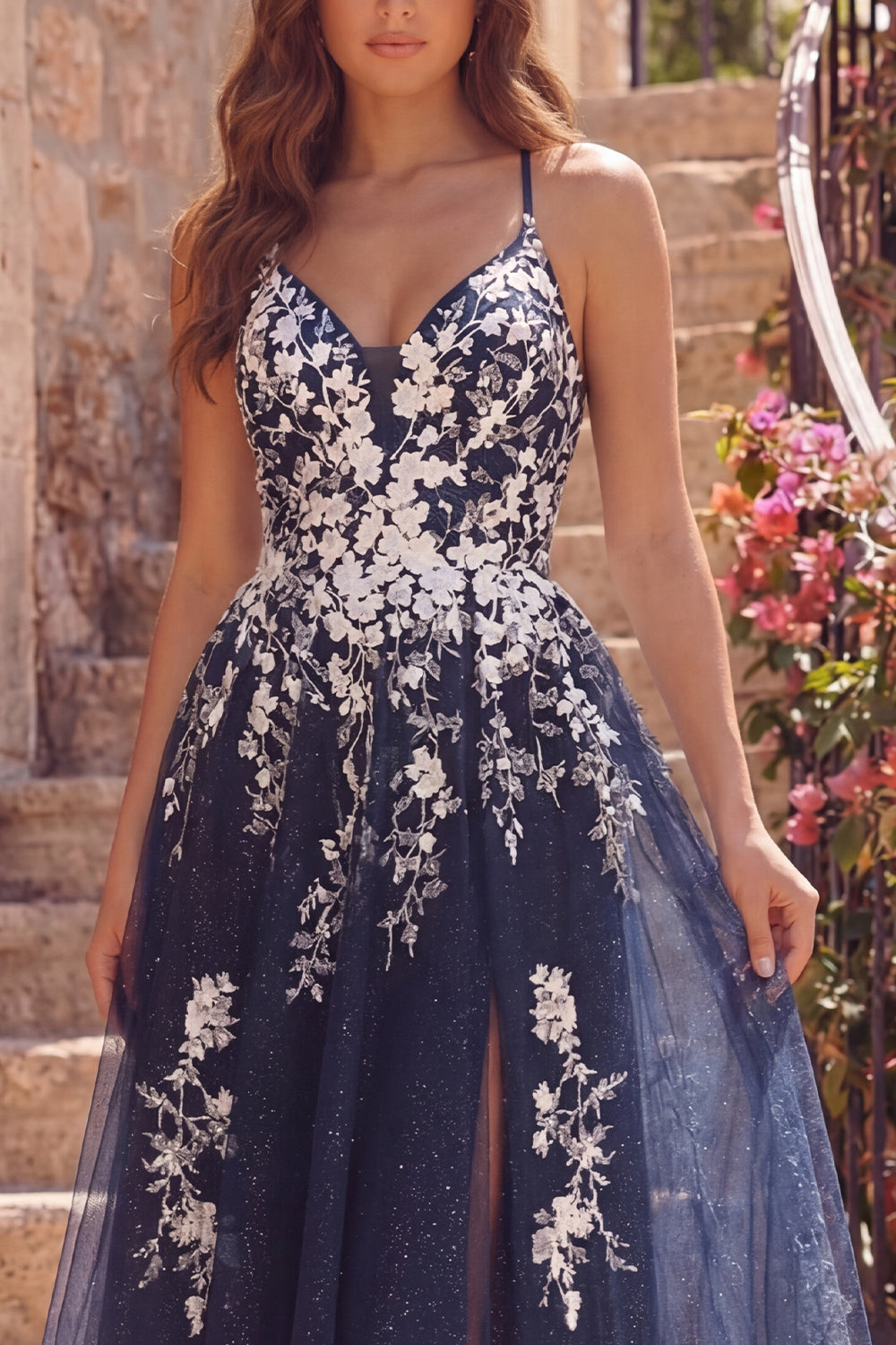 Spaghetti Straps A Line Floral Sparkly Navy Short Prom Dress with Slit