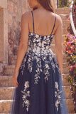 Spaghetti Straps A Line Floral Sparkly Navy Short Prom Dress with Slit