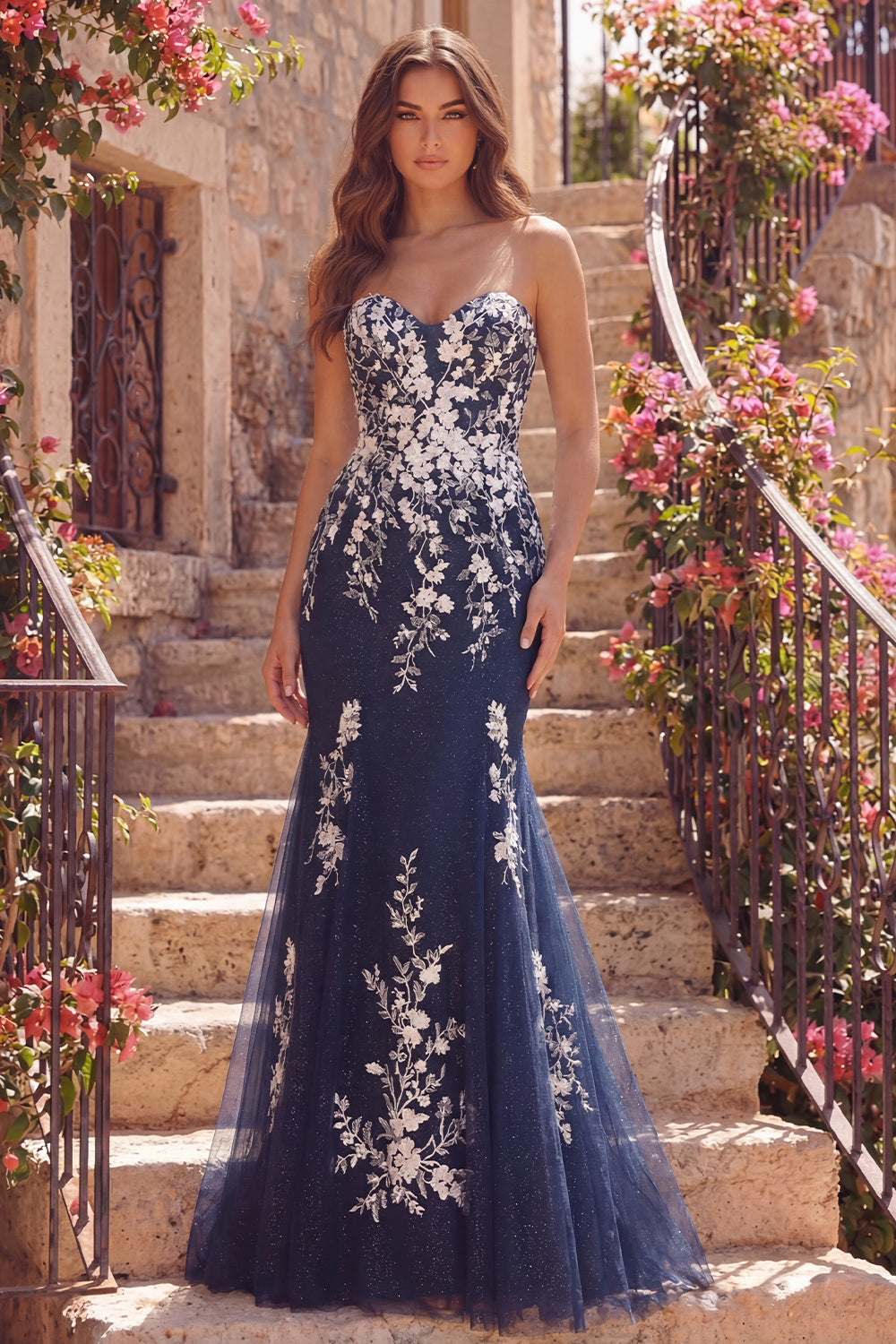 Strapless Floral Mermaid Navy Glitter Long Prom Dress