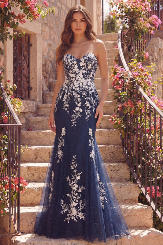Strapless Floral Mermaid Navy Glitter Long Prom Dress