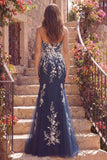 Strapless Floral Mermaid Navy Glitter Long Prom Dress
