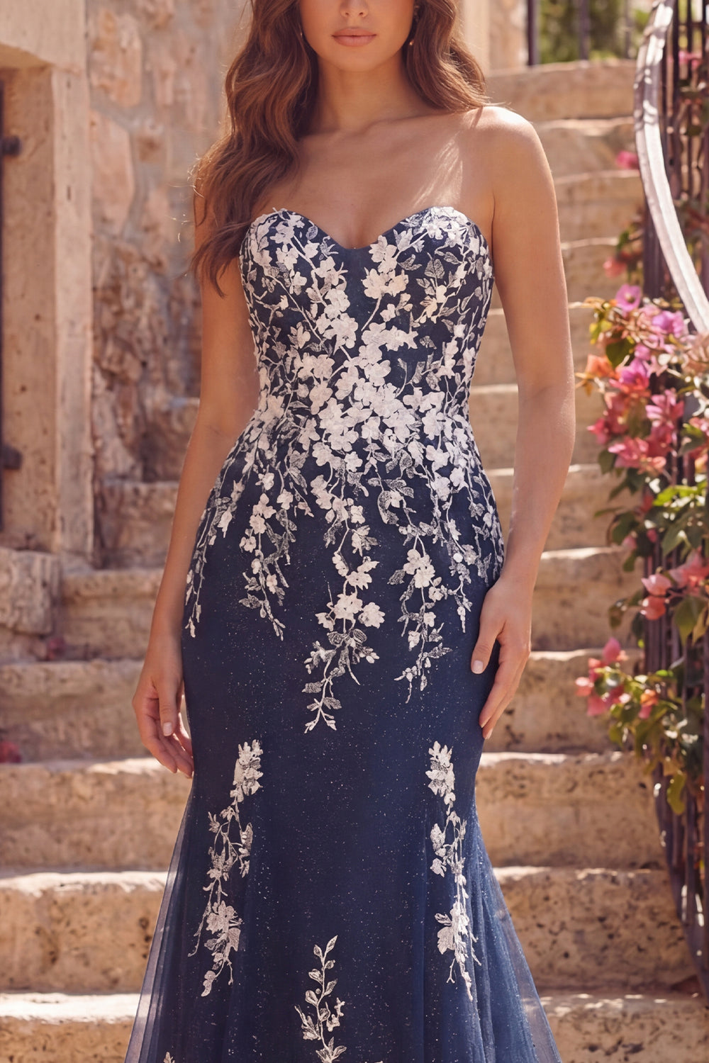 Strapless Floral Mermaid Navy Glitter Long Prom Dress