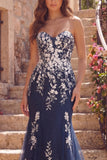 Strapless Floral Mermaid Navy Glitter Long Prom Dress