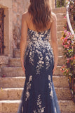 Strapless Floral Mermaid Navy Glitter Long Prom Dress