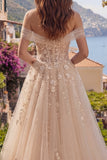Champagne Corset Off the Shoulder A Line Floral Long Prom Dress