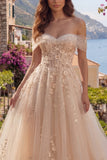Champagne Corset Off the Shoulder A Line Floral Long Prom Dress