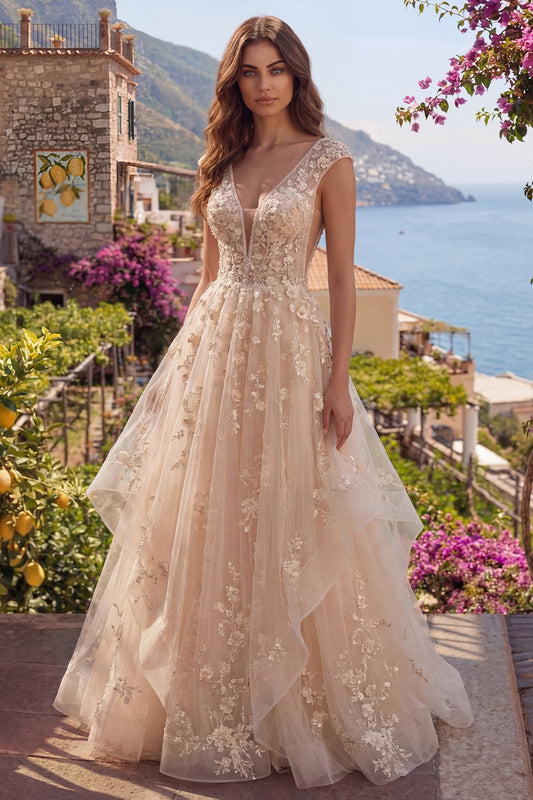 V-Neck Champagne A Line Floral Long Prom Dress with Ruffles