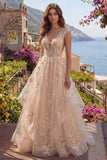 V-Neck Champagne A Line Floral Long Prom Dress with Ruffles