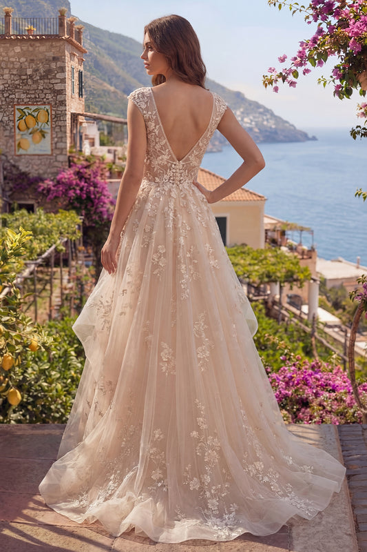 V-Neck Champagne A Line Floral Long Prom Dress with Ruffles