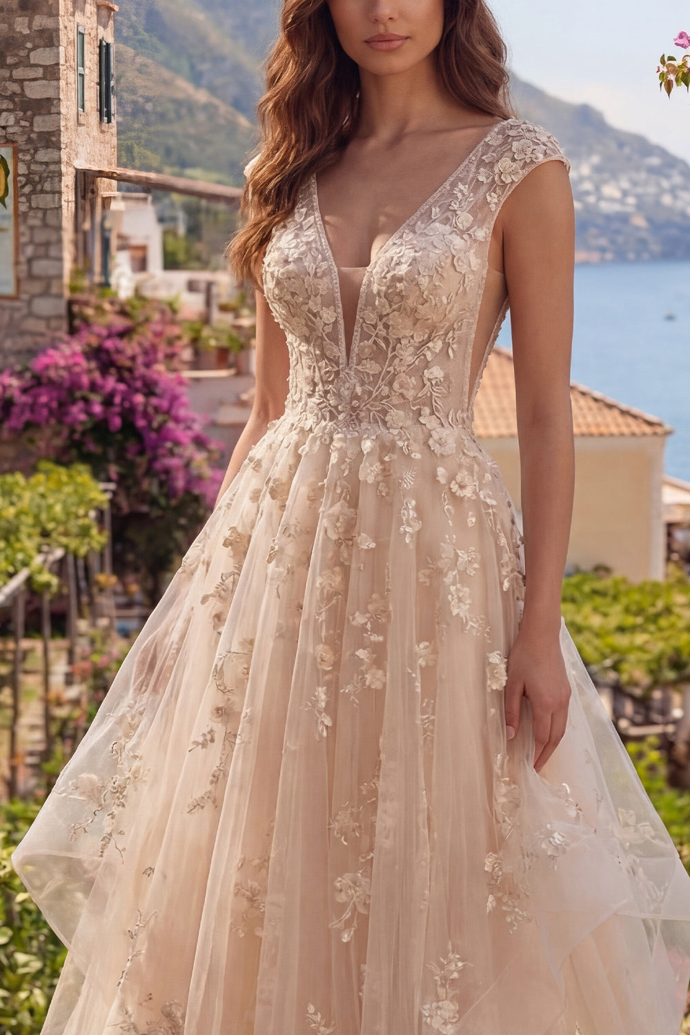 V-Neck Champagne A Line Floral Long Prom Dress with Ruffles