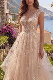 V-Neck Champagne A Line Floral Long Prom Dress with Ruffles